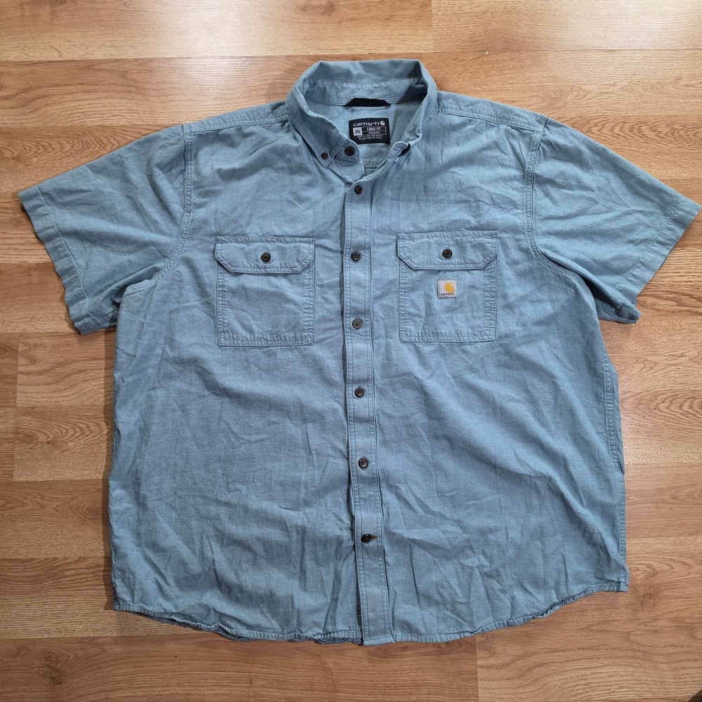 Carhartt Shirt Mens 2XL Loose Fit Short Sleeve Button Down Blue 104369 CBL